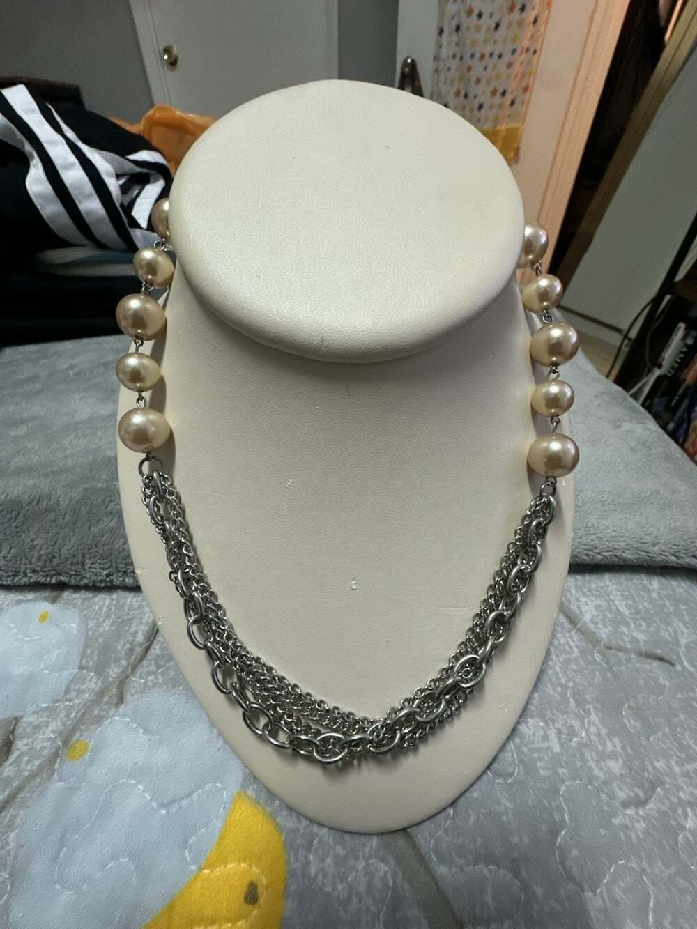 Faux Pearl and Multi-Strand Silver-Tone Chain Layered Statement Necklace